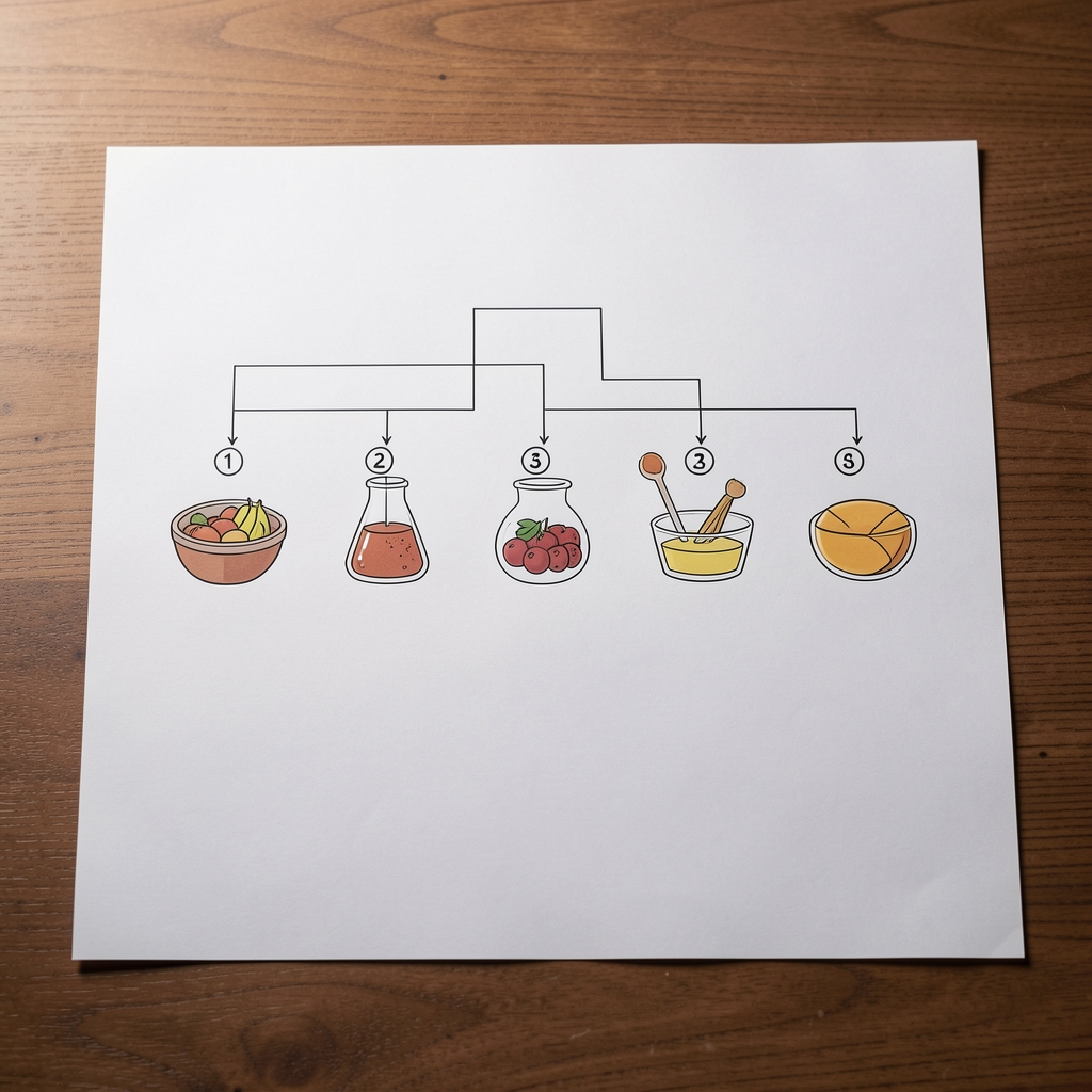Schematic process diagram on tracing paper showing five numbered stages of a nutritional intake assessment workflow, laid flat on a wooden desk under controlled studio lighting