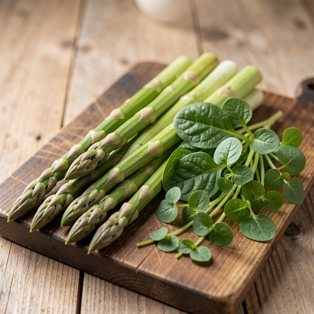 Fresh spring green vegetables including asparagus, spinach, and watercress arranged on a wooden board in natural daylight