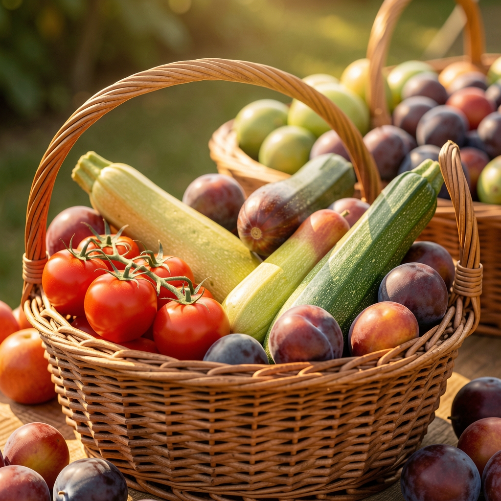 Summer produce arrangement of ripe tomatoes, courgettes, and stone fruits in a wicker market basket under warm natural light