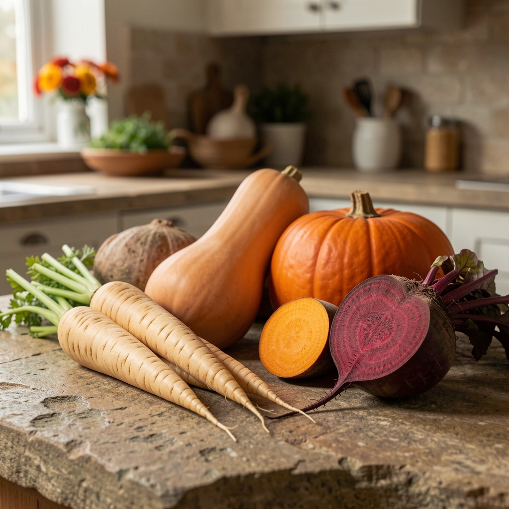 Autumn root vegetables including parsnips, butternut squash, and beetroot arranged on a rustic stone kitchen surface